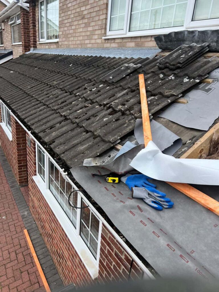 This is a photo of a pitched roof which is being repaired. The existing roof was leaking badly. Works carried out by Arundel Roofing Repairs